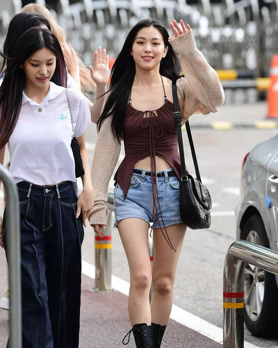 Haut Marron Style Hip Hop Lacet et Franges Sexy Ryujin Itzy Mode Kpop