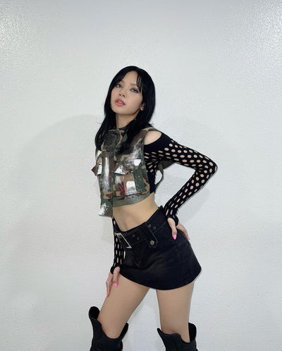 Jupe Courte Taille Haute en Jean Noir Ceinture Double Lisa BlackPink