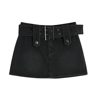 Jupe Courte Taille Haute en Jean Noir Ceinture Double Lisa BlackPink