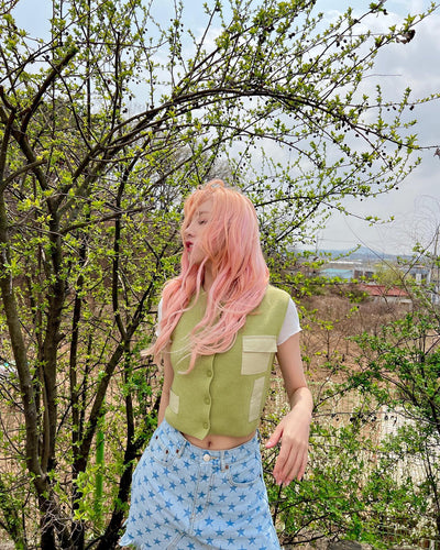 Jupe effilochée en Jean Avec Etoiles Bleues Yuqi G I Dle Mode Coréenne