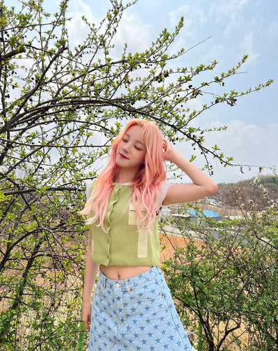 Jupe effilochée en Jean Avec Etoiles Bleues Yuqi G I Dle Mode Coréenne