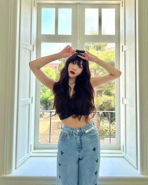 Pantalon en Jean Taille Haute Motif Coeur Joy Red Velvet Mode Kpop