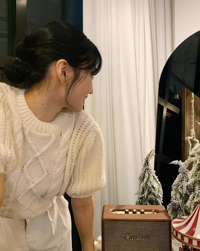 Pull Blanc Hiver Torsades et Manches Bouffantes Momo Twice Mode Femme