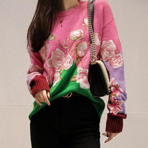 Pull Fleurs brodés Rose Vert Violet Printemps Seolhyun AOA Mode Femme