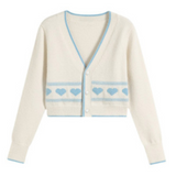 Pull Laine Col V Cardigan Blanc avec Coeur Bleu Jisoo BlackPink PINKBEAN