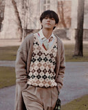 Pull Rétro à carreaux Multicolor en diamant à col en V Taehyung BTS