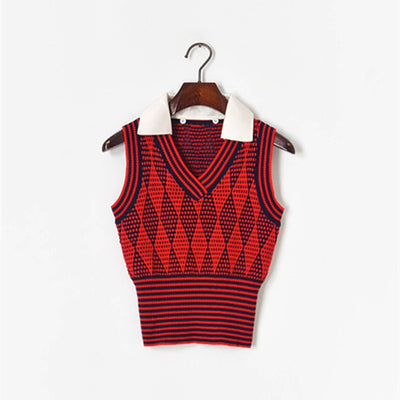 Pull Taille haute Losanges Croisés Col en V Contraste Rouge Noir Sunmi