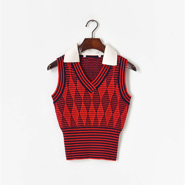 Pull Taille haute Losanges Croisés Col en V Contraste Rouge Noir Sunmi