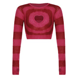 Pull Tricot Rayures Rose Rouge Trou Coeur Manches Longues Yena Mode Kpop