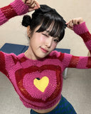 Pull Tricot Rayures Rose Rouge Trou Coeur Manches Longues Yena Mode Kpop