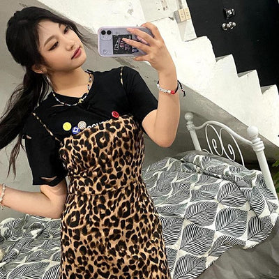Robe Léopard à bretelles Fines Taille haute NingNing Aespa Kpop