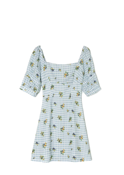 Robe Motif Carré Quadrillage et Fleur Manches Bouffantes Momo Twice Kpop