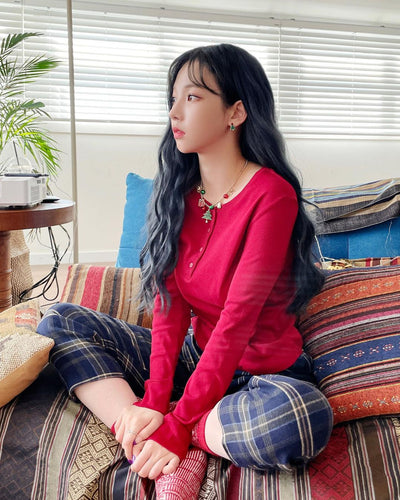 Sweatshirt Ajusté Rouge à manches longues à col rond Karina Aespa Kpop