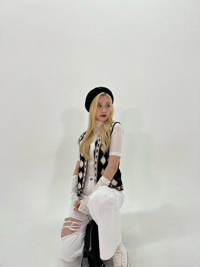 Veste Sans Manche Mi Saison Motif Soleil en Losange Bahiyyih Kep1er Kpop